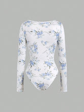 Square Neck Floral Print Asymmetric Hem Long Sleeve Bodysuit In Blue